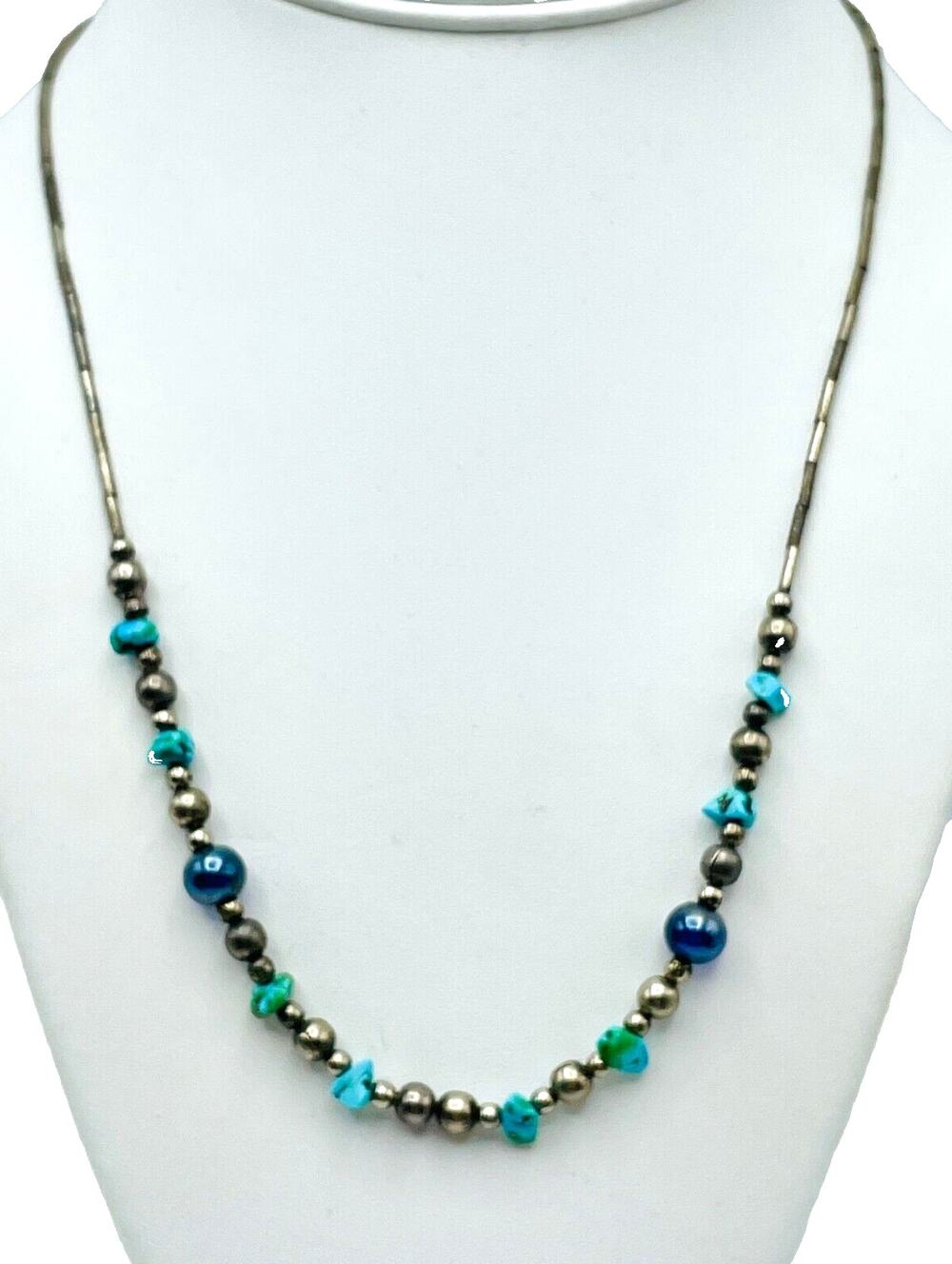 VTG Liquid Silver Tone Blue Glass Bead Turquoise Chip 19" Necklace Barrel Clasp